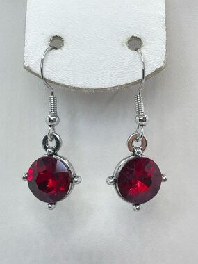 Silver Tone Red Crystal Glass Drop Earrings Classic Round Dangle
